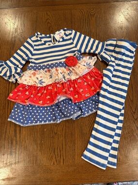 Counting Daisies Blue & Red Striped Floral Ruffle Matching shirt/pant Set•Size 4